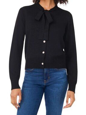 NWT CeCe Tie Neck Cardigan Sweater Rich Black Small MSRP $69